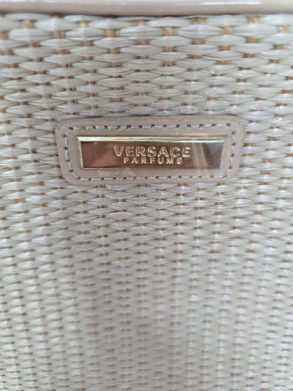 VERSACE Woven Bag Gloss Trim Makeup Cosmetic Perfume Bag Tan Gold Zip Closure